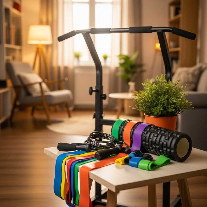 A collection of budget-friendly home gym equipment (resistance bands, jump rope, mini bands, foam roller, doorway pull-up bar) arranged neatly on a small table in a cozy apartment. The scene is bright and welcoming, showing affordability and accessibility.