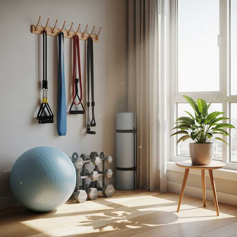 Affordable home gym setup for seniors in a small apartment space.