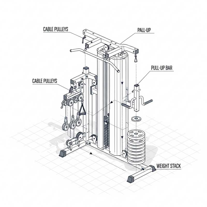 All-in-one functional trainer gym machine with foldable design for space efficiency