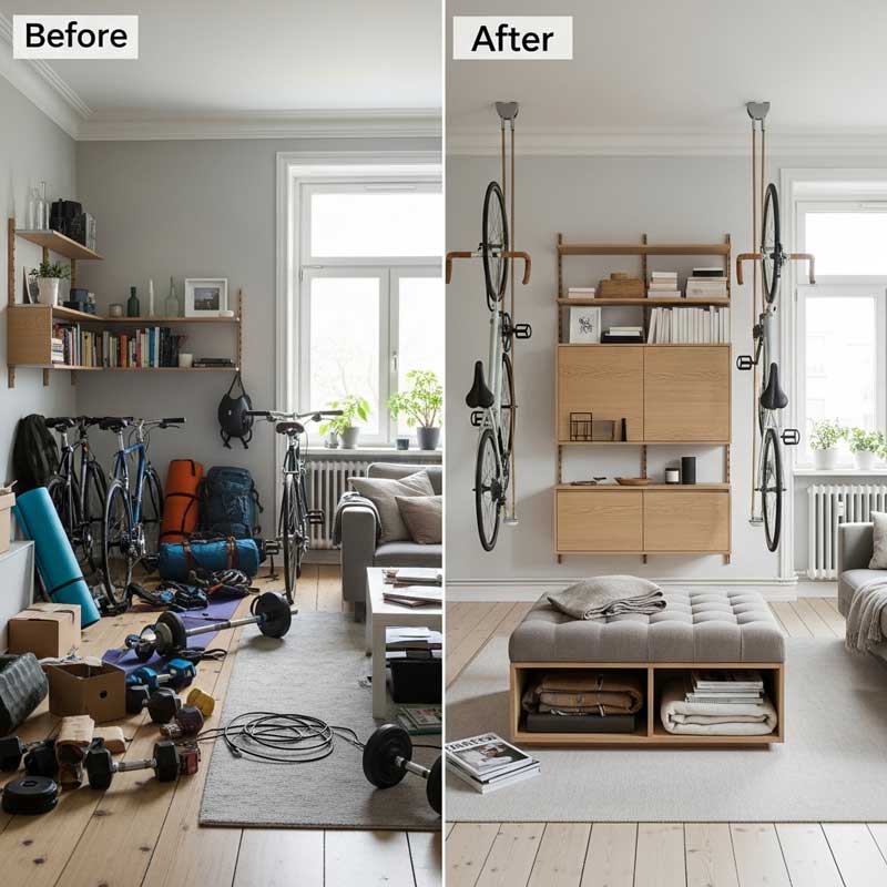 Smart storage solutions for home gym equipment: wall racks and hidden compartments.
