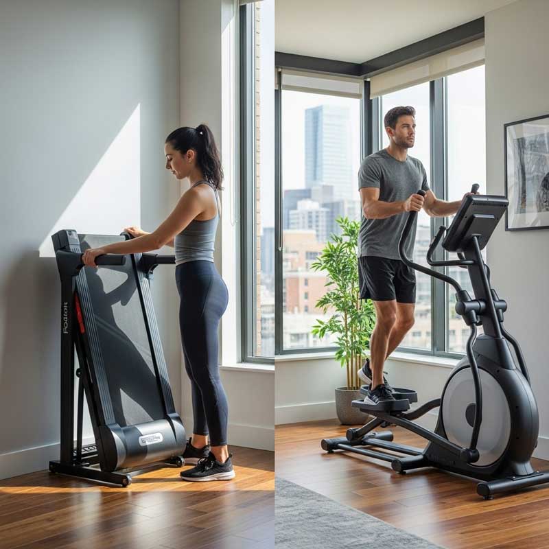 Space-saving cardio equipment: foldable treadmill and under-desk elliptical for small homes
