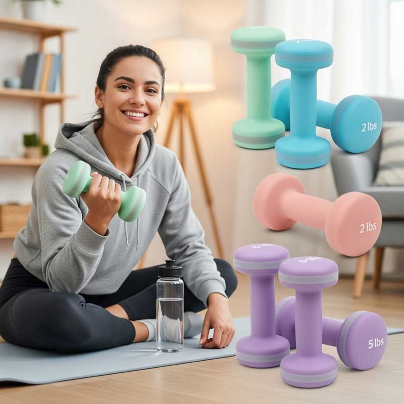 A beginner-friendly dumbbell set with light weights (2-5 lbs), ergonomic handles, and pastel colors. A smiling beginner is holding a dumbbell, with a simple workout mat and a water bottle nearby, in a cozy home setting.