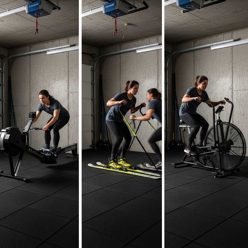 Full-body workout machines: rower, ski-erg, and assault bike for comprehensive home fitness.