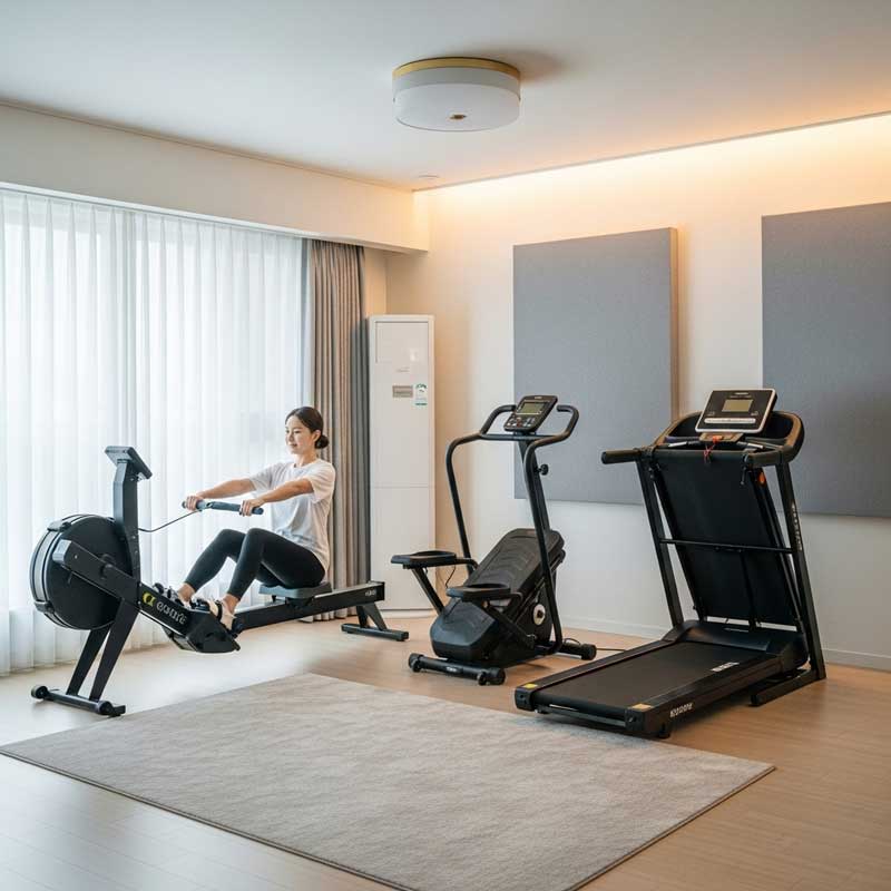 A modern apartment with a magnetic rower, mini stepper, and foldable treadmill, all designed for quiet operation. A person is exercising, and the environment looks peaceful, with soft lighting and soundproofing elements visible.