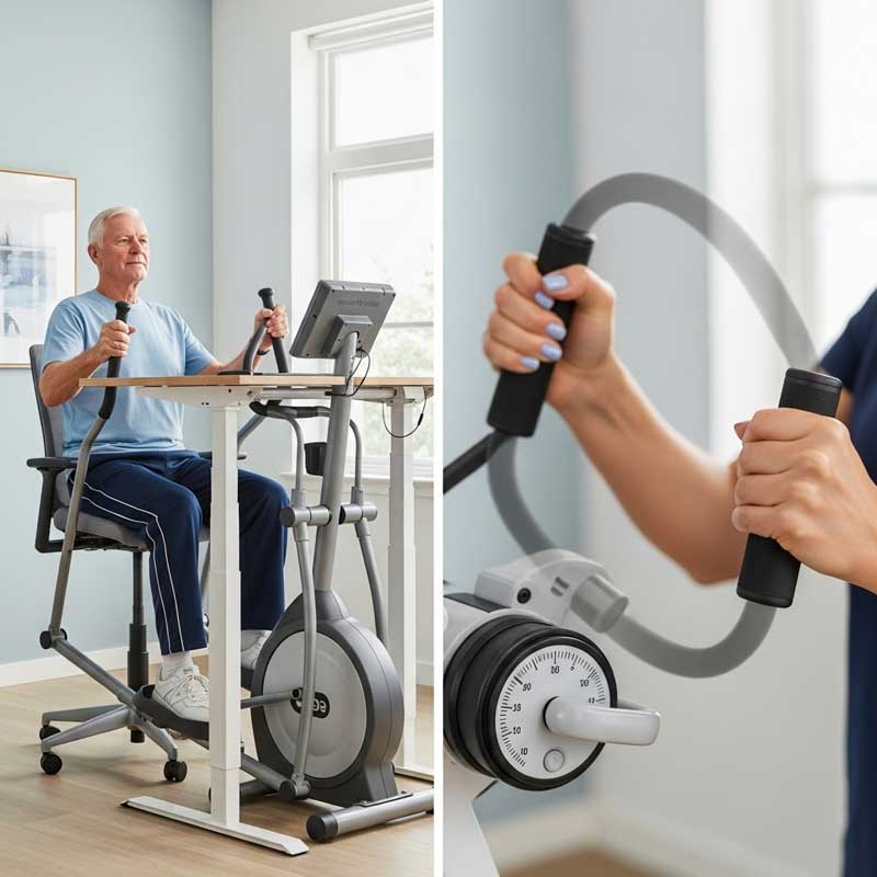 Seated elliptical and arm ergometer machines for low-impact elderly exercise.
