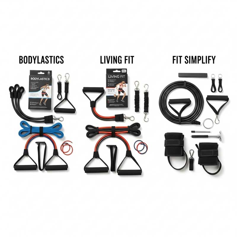 A side-by-side product shot of three popular resistance band brands (Bodylastics, Living Fit, Fit Simplify), each with its packaging and accessories (handles, door anchor, etc.) visible. The background is white, and each brand is labeled for easy comparison.