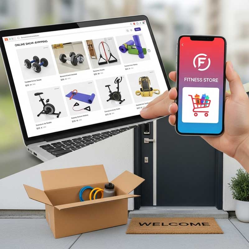 A collage of online shopping scenes: a laptop displaying home gym equipment, a smartphone with a fitness store app, and a delivery box with gym gear arriving at a modern apartment door. The vibe is convenient, modern, and user-friendly.