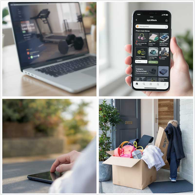 A collage of online shopping scenes: a laptop displaying exercise equipment, a smartphone with a fitness store app, and a delivery box with gym gear arriving at a modern home door. The vibe is convenient, modern, and user-friendly.