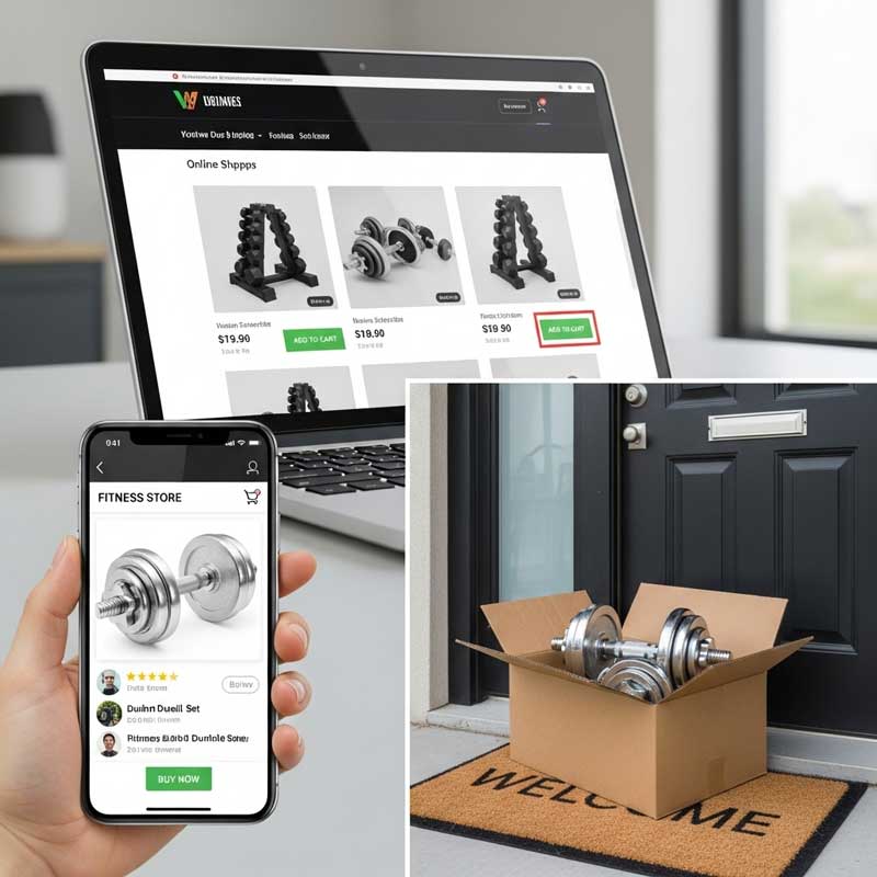 A collage of online shopping scenes: a laptop displaying dumbbell sets, a smartphone with a fitness store app, and a delivery box with dumbbells arriving at a modern apartment door. The vibe is convenient, modern, and user-friendly.