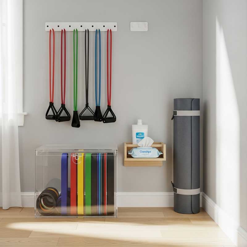 A neat, organized home gym corner with resistance bands hanging on wall hooks, a storage box for bands, and cleaning wipes nearby. The image is bright, tidy, and shows practical storage ideas for small spaces.