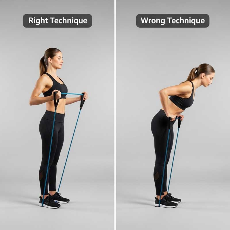 A split-image showing "right vs wrong" technique for using resistance bands. On the left, a person uses the band with correct form; on the right, the same person shows a common mistake (e.g., band too loose, poor posture). Each side is clearly labeled. The background is neutral.
