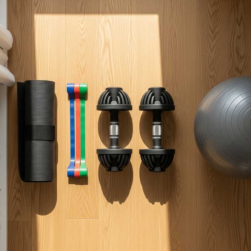 Essential compact home gym equipment including adjustable dumbbells and resistance bands.