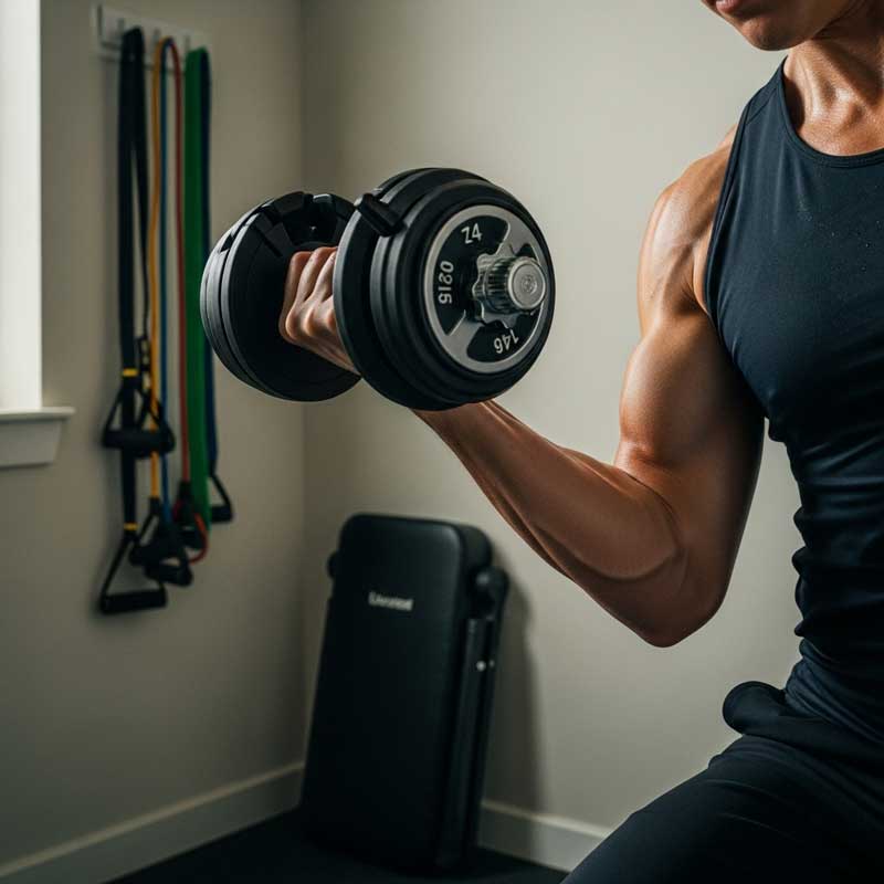 Compact strength training setup with adjustable dumbbells and wall-mounted resistance bands.