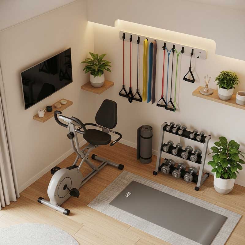 Space-efficient senior home gym setup with foldable equipment and storage solutions.
