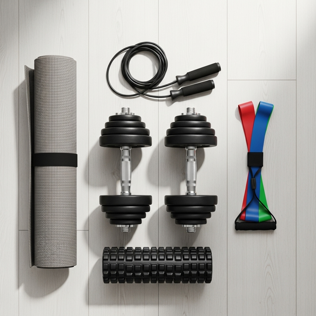 Essential home gym equipment including dumbbells, resistance bands, and yoga mat.