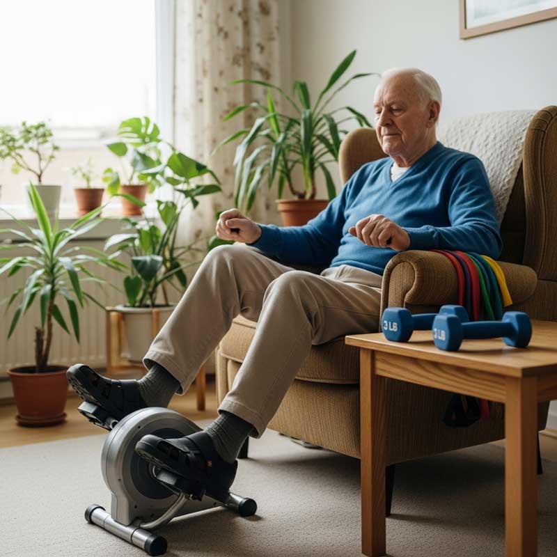 Man in his 80s using a pedal exerciser and light weights for safe strength training at home.