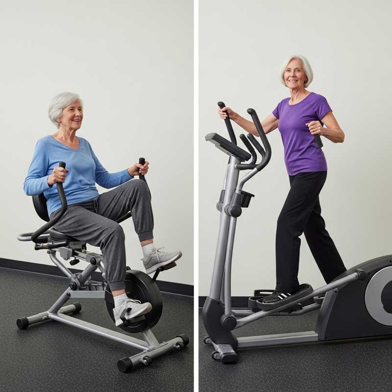 Arthritis-friendly recumbent stepper and low-incline elliptical for joint-safe workouts.