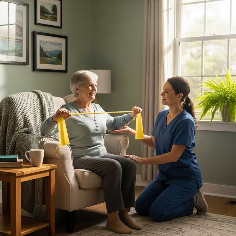 A friendly, older adult (senior) using a light therapy band for gentle stretching in a cozy living room. The scene is warm and inviting, showing safety and comfort. A physical therapist is gently guiding the movement.