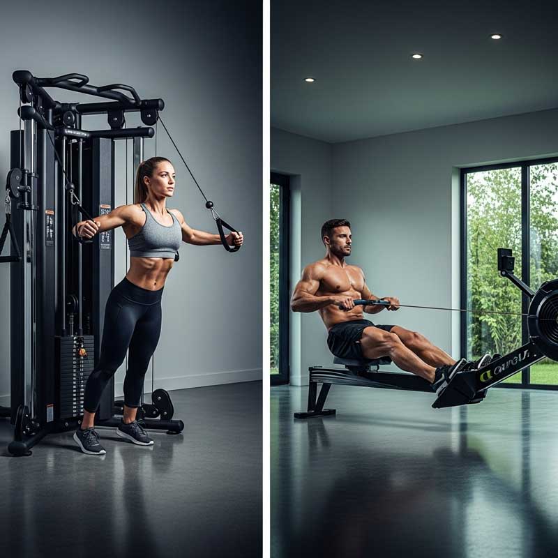 Full-body workout machines: functional trainer and rowing machine for home gyms