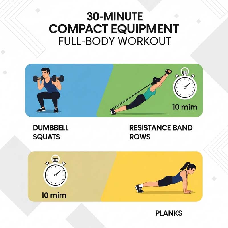 30-minute full-body workout routine using compact home gym equipment infographic.