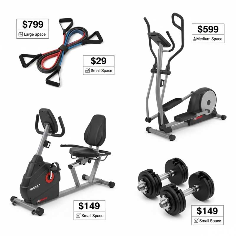 Home exercise equipment for seniors with price and space requirements comparison.
