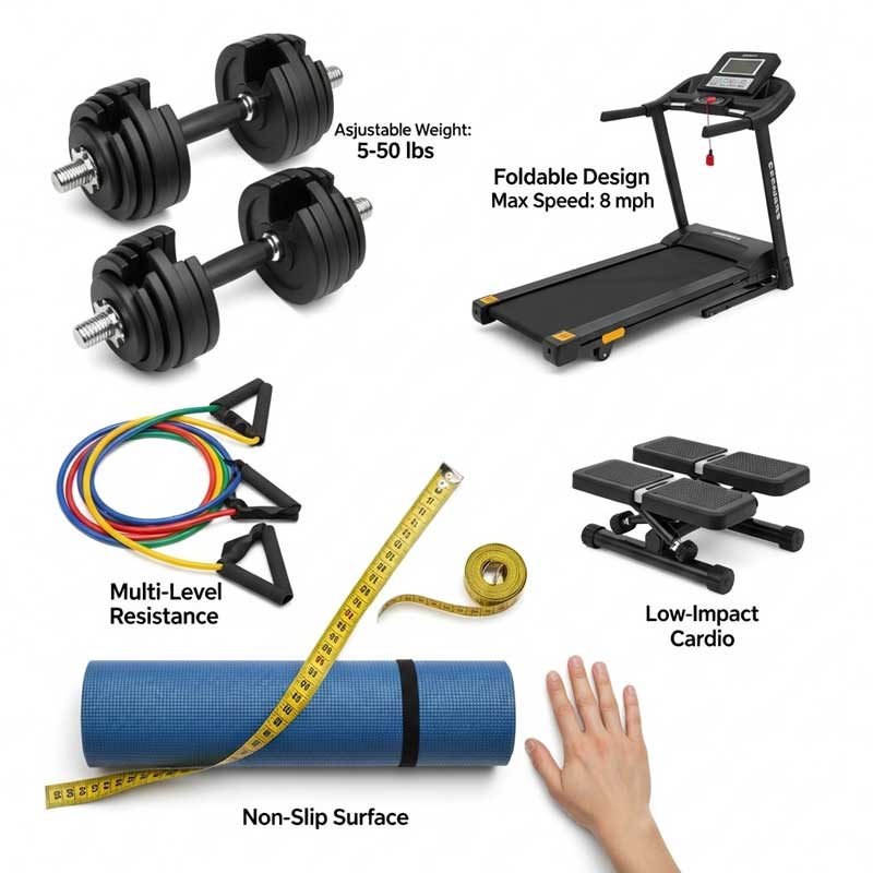 A flat lay of various compact home gym equipment options (adjustable dumbbells, resistance bands, foldable treadmill, mini stepper, yoga mat) on a clean white surface. Each item is labeled with its features. Include a measuring tape and a hand for scale.