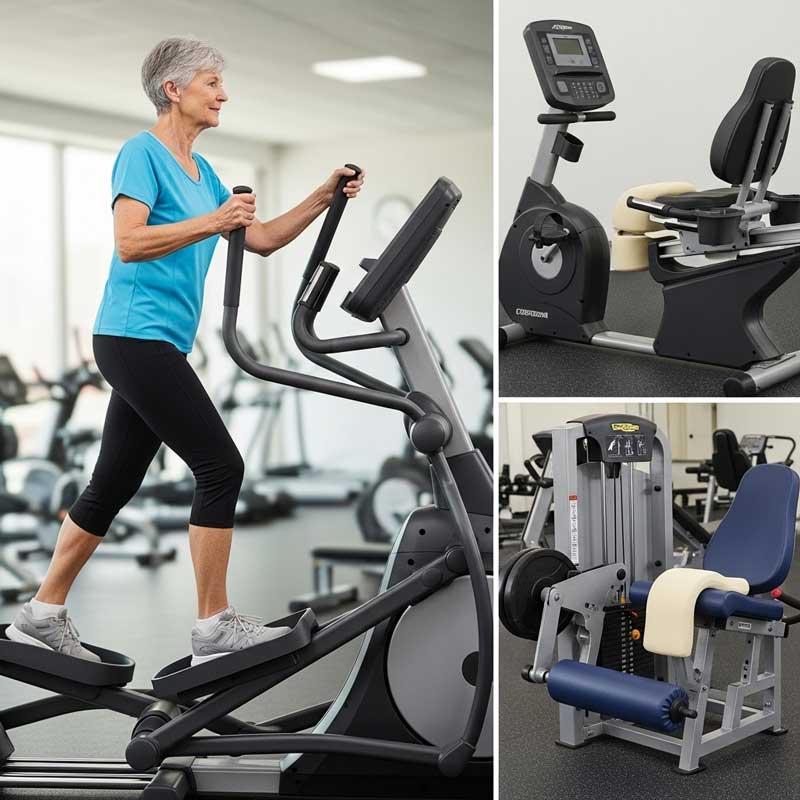 Knee-safe elliptical and recumbent bike for seniors with joint issues.