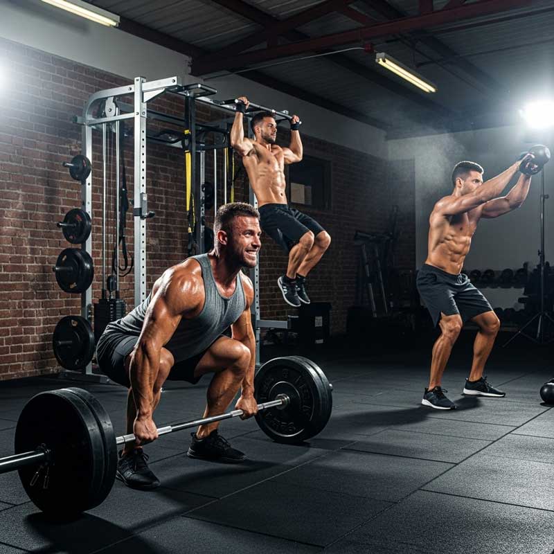 Men using barbells, power towers, and kettlebells for strength training at home.