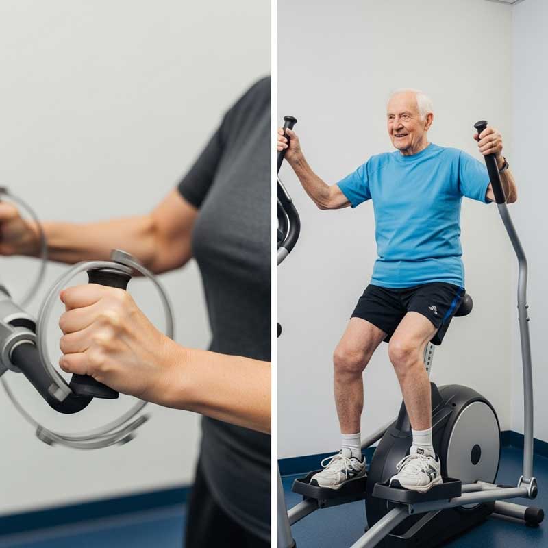 Seated exercise equipment for seniors: arm ergometer and seated elliptical demonstration