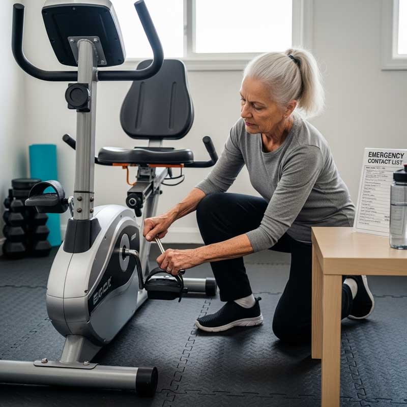 Senior woman maintaining exercise equipment safety with emergency contacts visible.