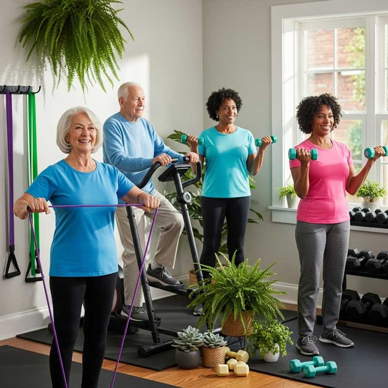 Seniors smiling while using home workout equipment in a bright living room gym.