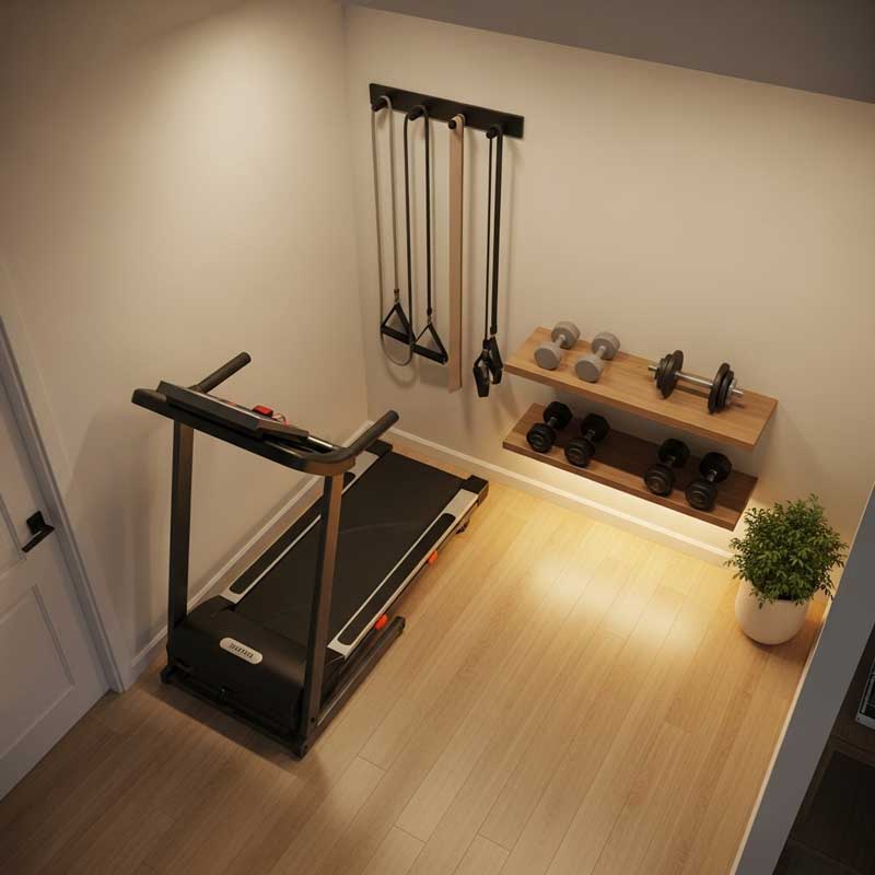 Space-saving home gym equipment in a small apartment with foldable treadmill.