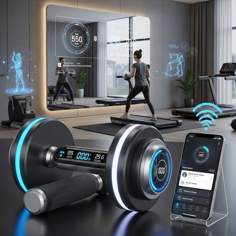 A futuristic pair of smart dumbbells with digital displays and LED lights, connected to a smartphone app. The background is a sleek, high-tech home gym with smart mirrors and other connected fitness devices.
