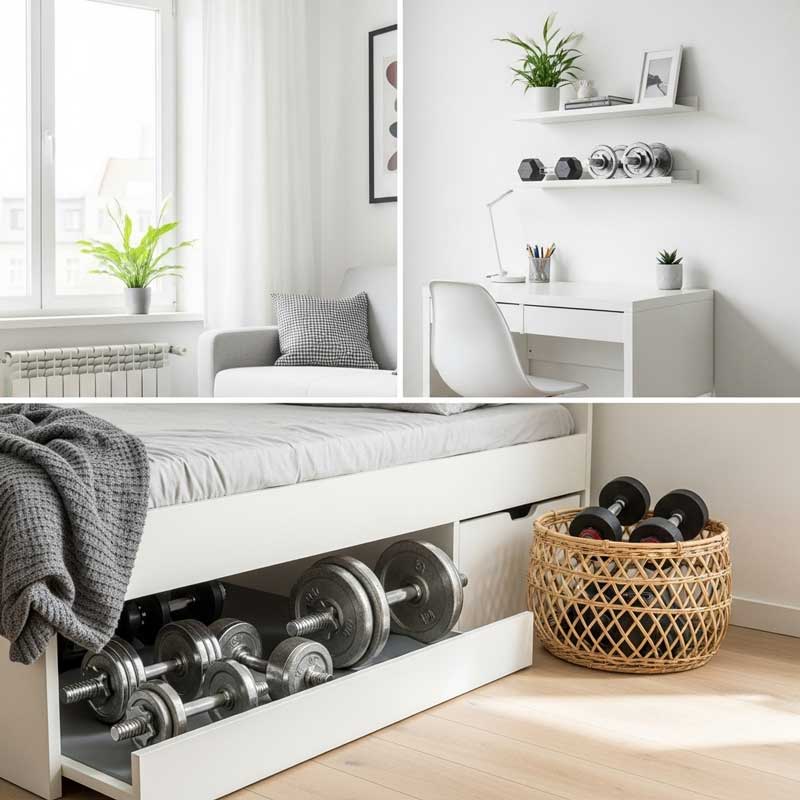 A creative storage solution for dumbbells in a small apartment: dumbbells stored under a bed, in a decorative basket, and on a wall-mounted shelf. The image is bright, organized, and shows multiple storage ideas in one shot.