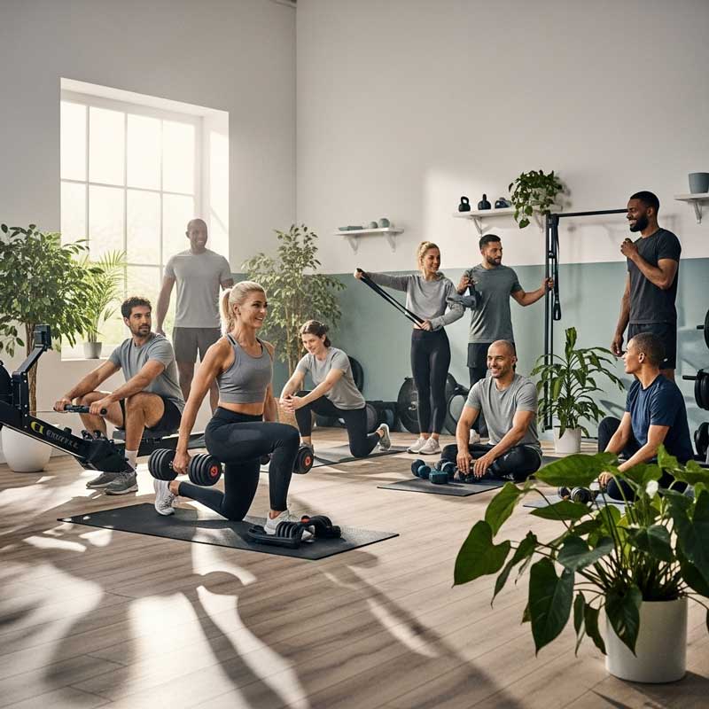 Diverse women and men using home fitness equipment in a modern gym with natural light.