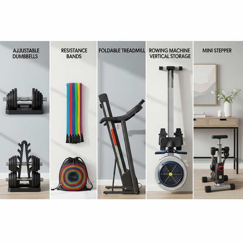 A comparison chart visual with five different exercise equipment pieces (adjustable dumbbells, resistance bands, foldable treadmill, rowing machine, mini stepper), each displayed with their storage solution. The background is modern and neutral, with each item labeled.