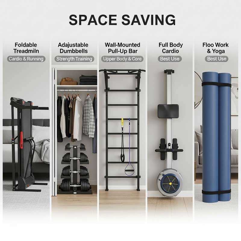 A comparison chart visual with five different space-saving home gym equipment pieces, each displayed with their storage solution (under-bed, closet, wall-mounted). The background is modern and neutral. Each item is labeled with its name and best use.