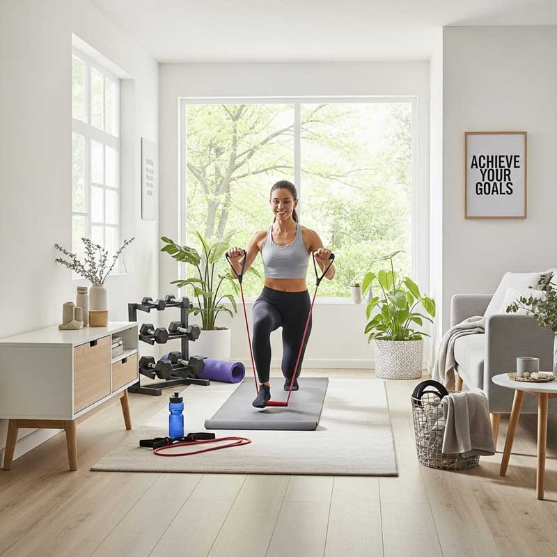 A modern home interior with a small workout area, showing a person happily exercising with compact home gym equipment. The scene is bright, organized, and motivational, emphasizing the convenience of working out at home for weight loss.
