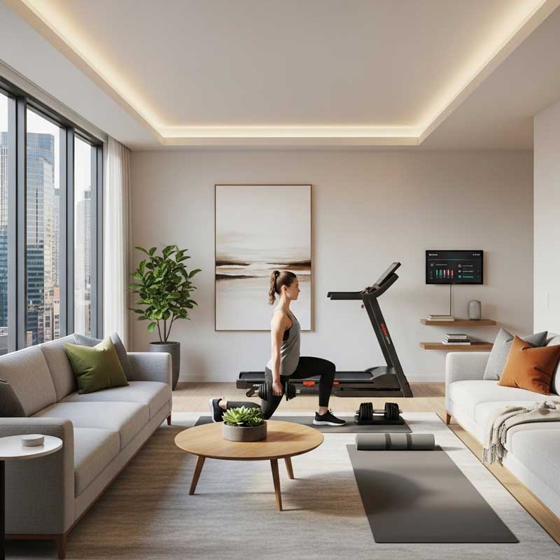 A bright, modern apartment living room in 2025 with a small home gym setup. A young adult is working out with compact fitness equipment, surrounded by minimalistic furniture and smart home devices. The space looks tidy, organized, and inviting for exercise.