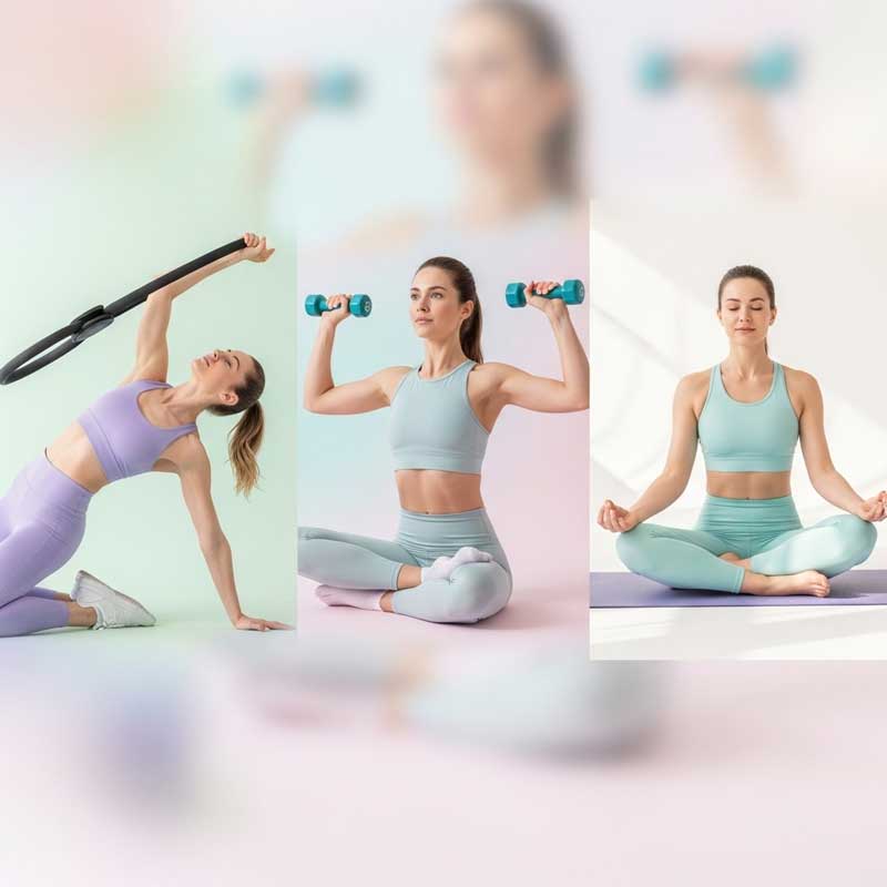 Women using Pilates rings, light dumbbells, and yoga mats for home fitness.
